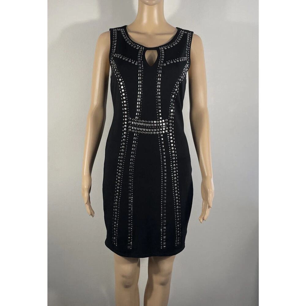 CARMEN MARC VALVO Sheath Dress Womens XS Black Silver Studded Ponte Knit Keyhole